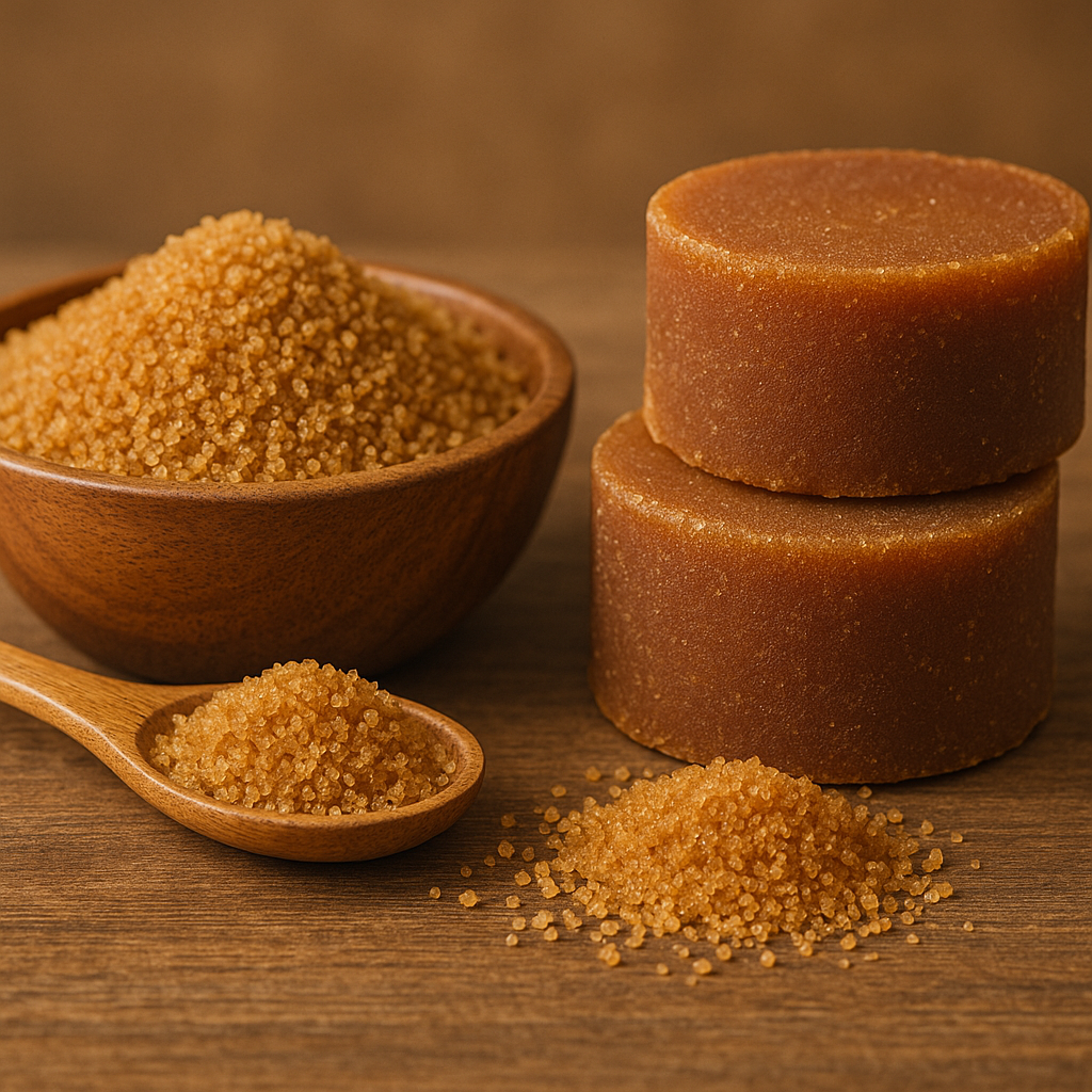 Stand-up pouch of organic palm sugar for export on wooden table with granulated and block sugar.